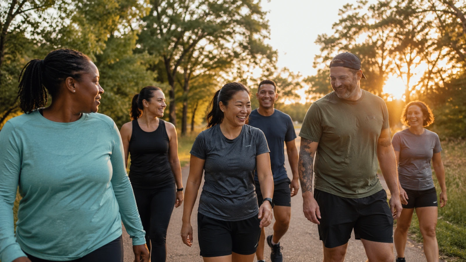 A small group of everyday runners walking together after a relaxed run.